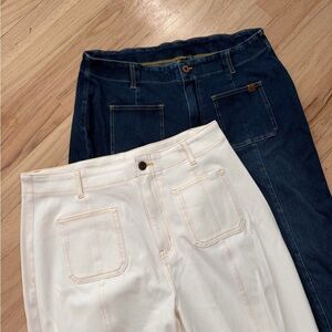 HALARA Women's Flare Jeans - Dark Blue and Cream Size Large